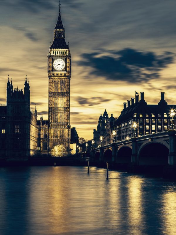 Big Ben clock tower in London at sunset, special photographic processing.